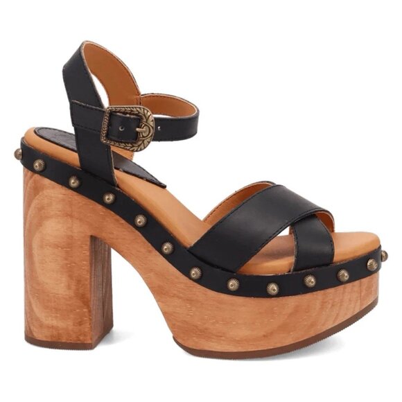 DINGO Lotus Black Leather Wooden Platform Sandals Sz 7.5M - Retail $303 - Picture 1 of 12